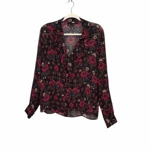 PAIGE Jodelle Floral Print Silk Long Sleeve Ruffled V-Neck Blouse Size Medium